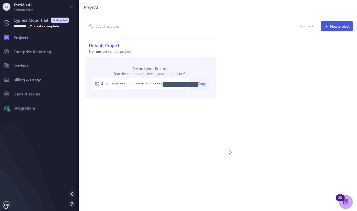 Cypress Cloud Projects page listing a project with its record run command