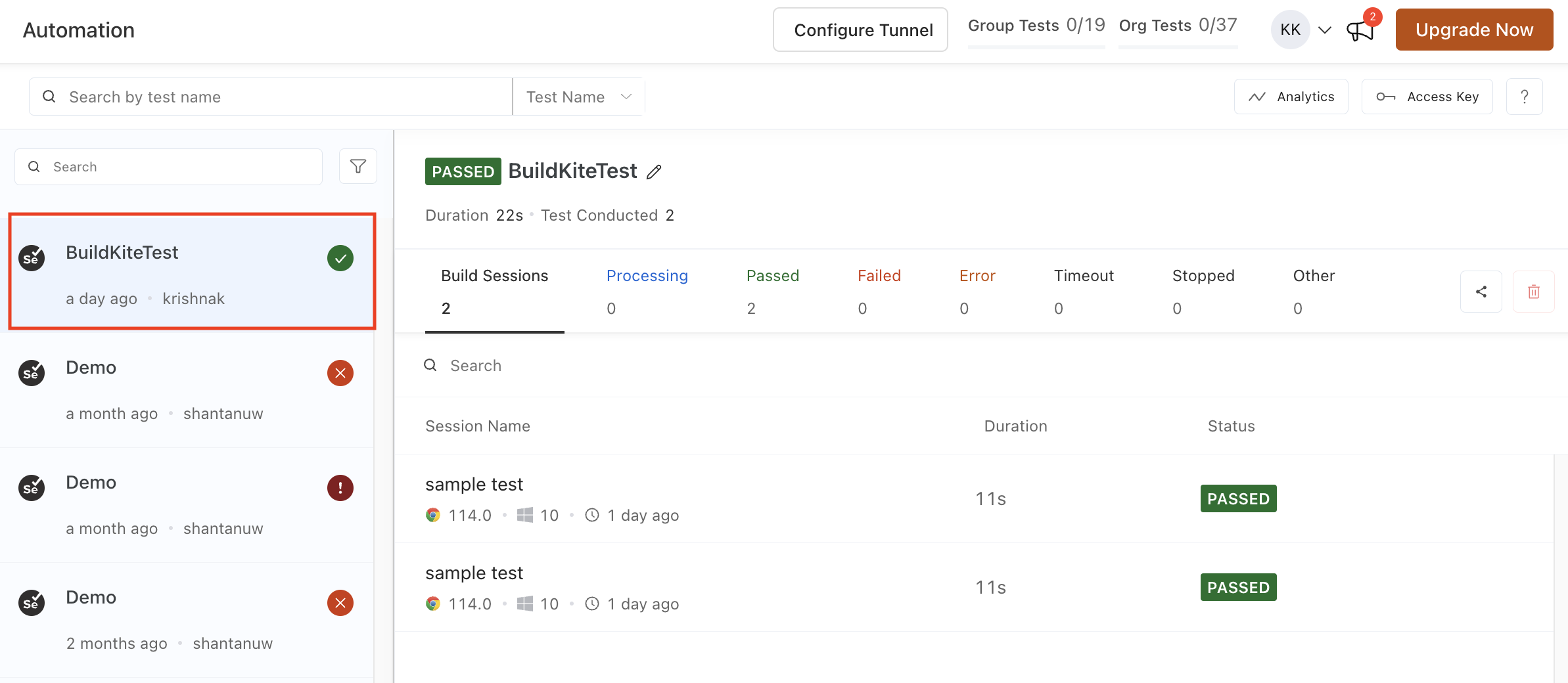 Build details on Automation Dashboard