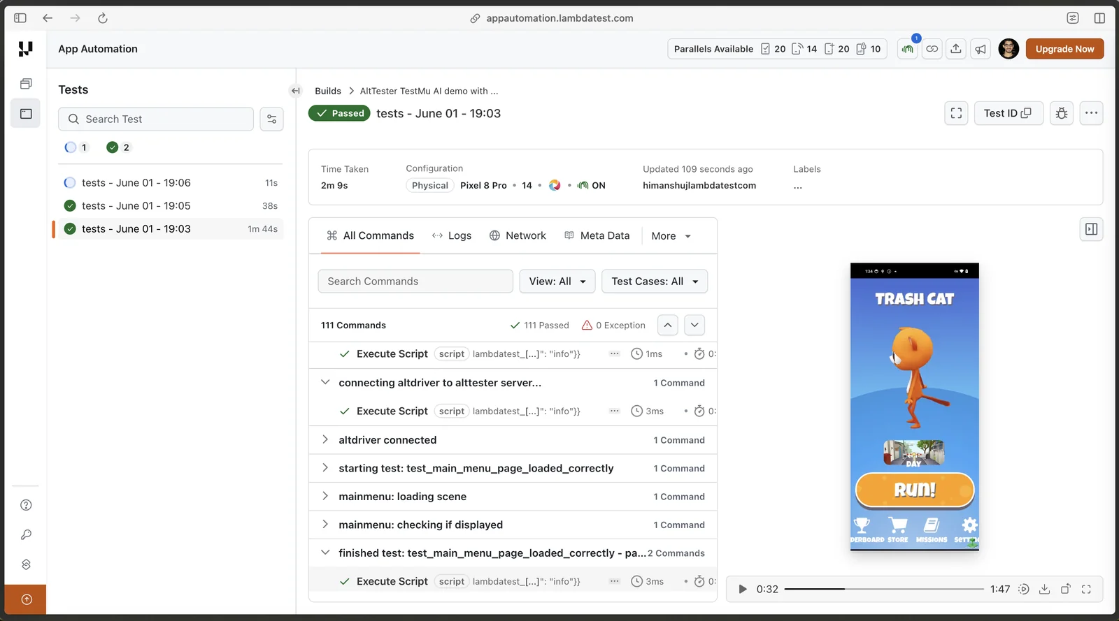 TestMu AI automation dashboard listing the AltTester TrashCat build and its test sessions