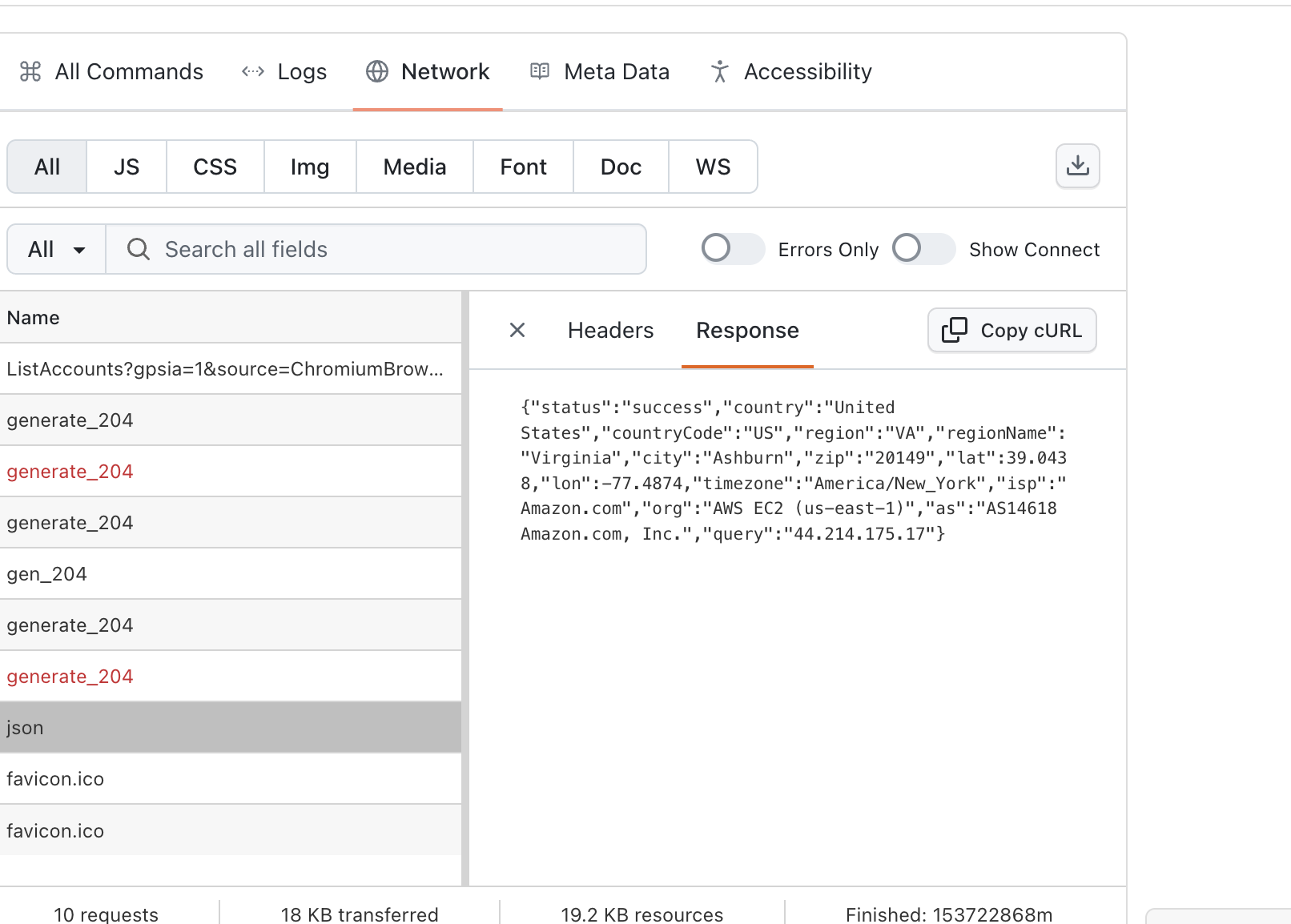 Network tab of a TestMu AI Maestro run showing the device outbound IP response: AWS EC2 us-east-1, 44.214.175.17, Ashburn, Virginia, before a dedicated proxy is applied