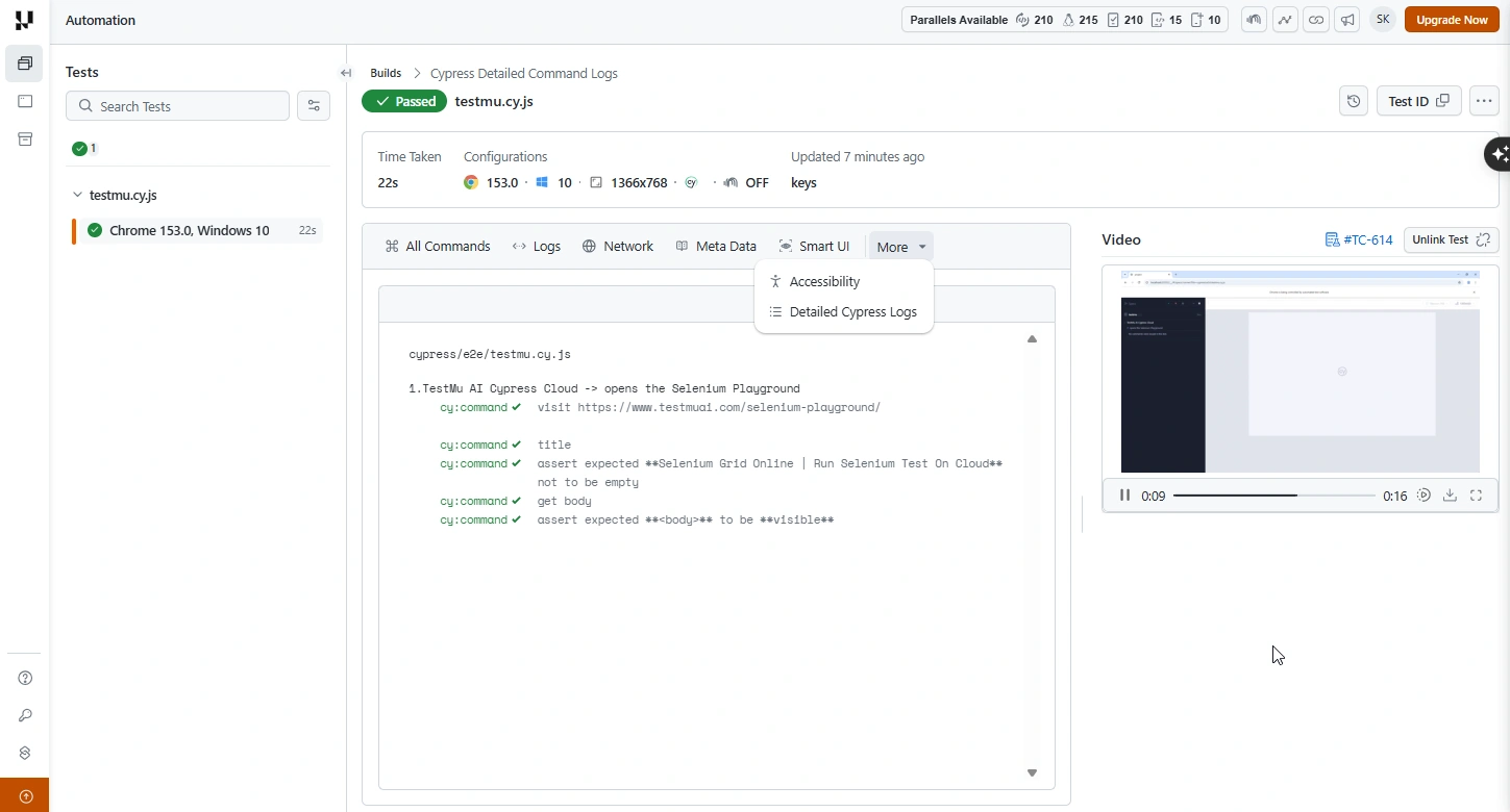 TestMu AI Automation Dashboard More menu showing the Detailed Cypress Logs option on a passed Cypress test