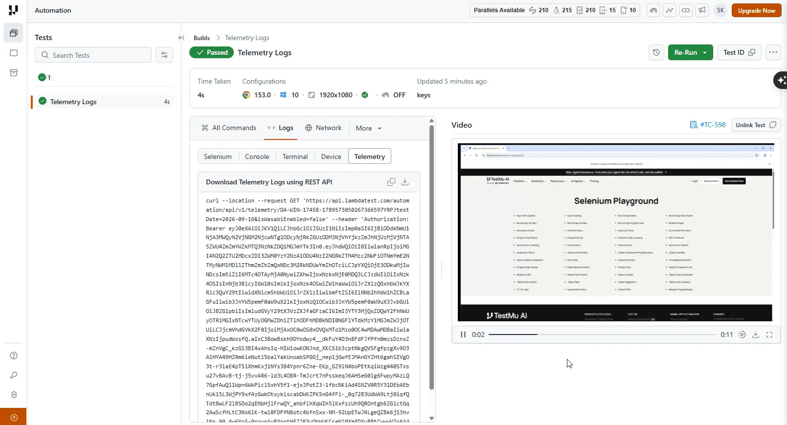 TestMu AI dashboard Logs tab with the Telemetry sub-tab selected and the Download Telemetry Logs option