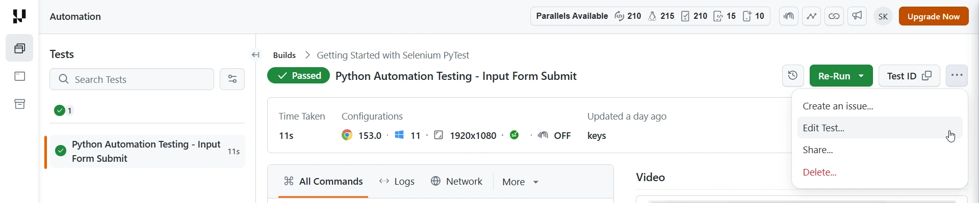 Test detail options menu with Edit Test highlighted