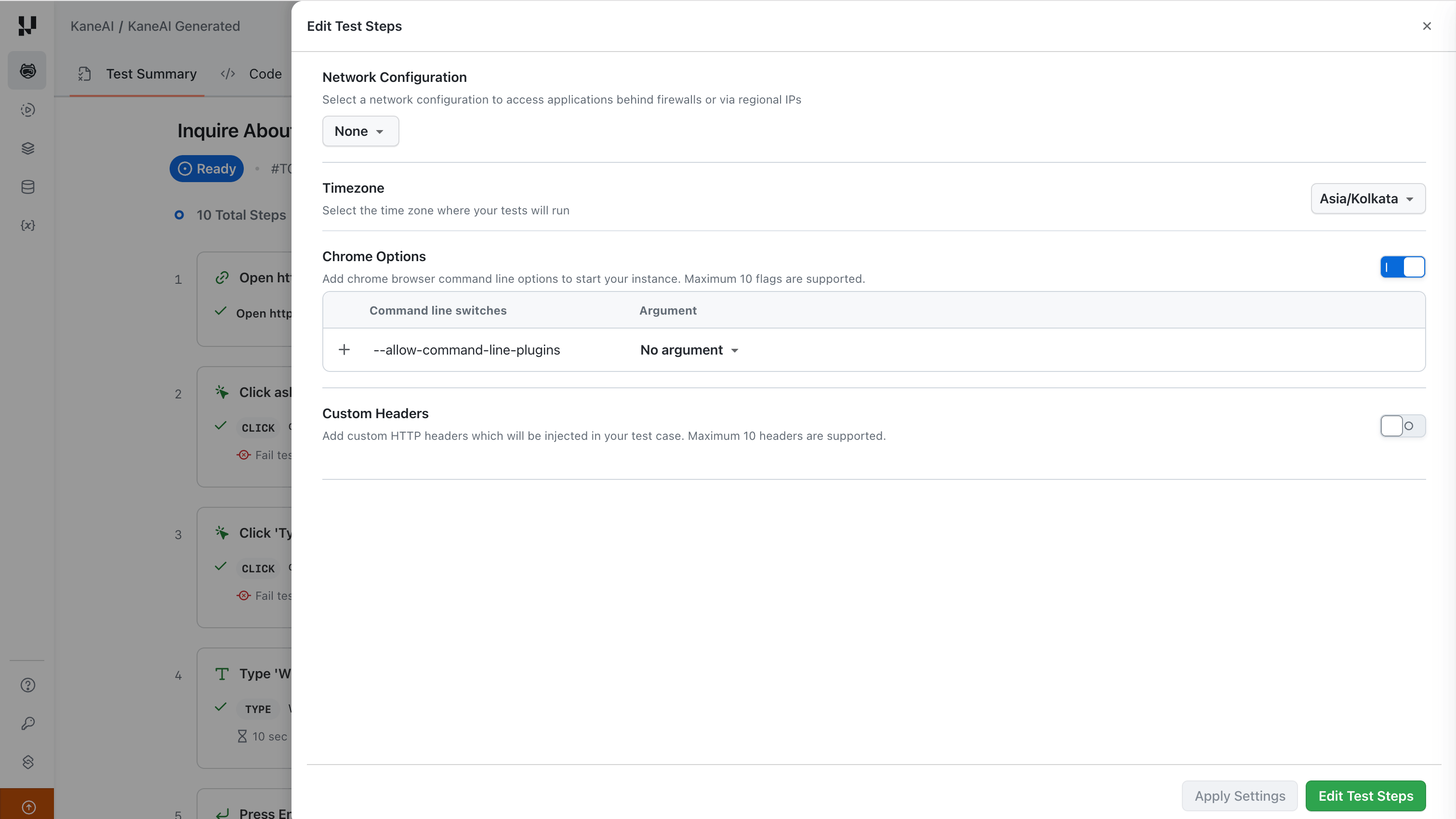 Edit Test Steps - Advanced Settings