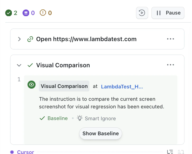 Visual Comparison step showing Baseline, Smart Ignore and Show Baseline