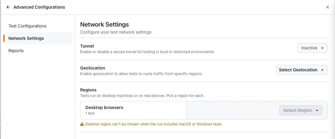 Network Settings for an Evidence Reporting run showing Tunnel, Geolocation and Regions with a Desktop browsers row