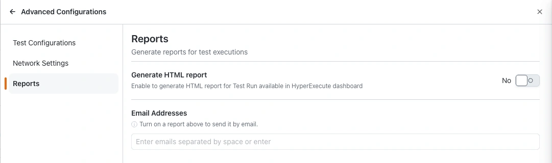 Reports for an Evidence Reporting run with Generate HTML report off and Email Addresses showing Turn on a report above to send it by email