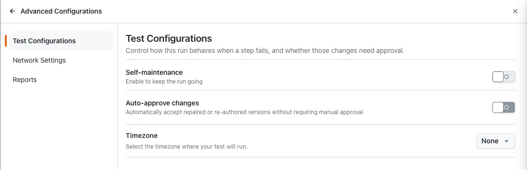 Advanced Configurations panel for an Evidence Reporting run, open on Test Configurations with Self-maintenance, Auto-approve changes and Timezone