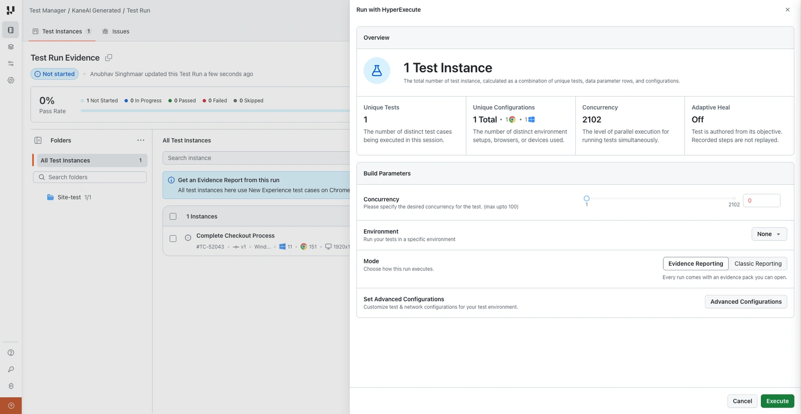 Run with HyperExecute panel with the Mode setting under Build Parameters set to Evidence Reporting, alongside the Classic Reporting option