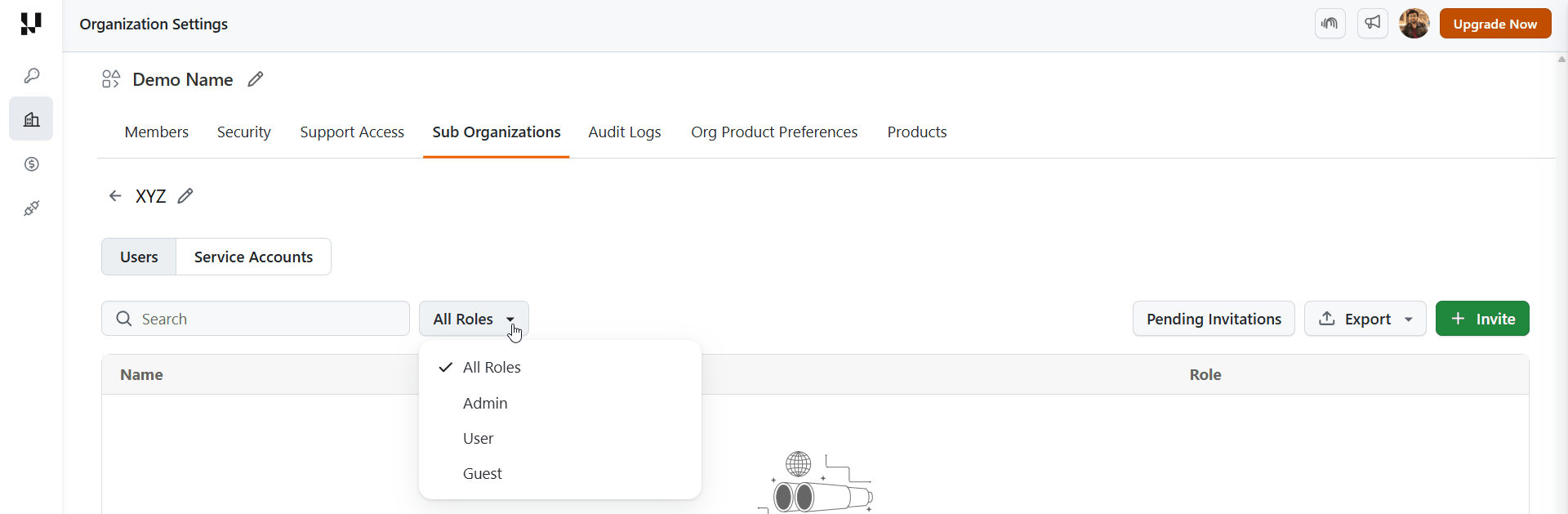 All Roles dropdown showing Admin, User, and Guest filter options