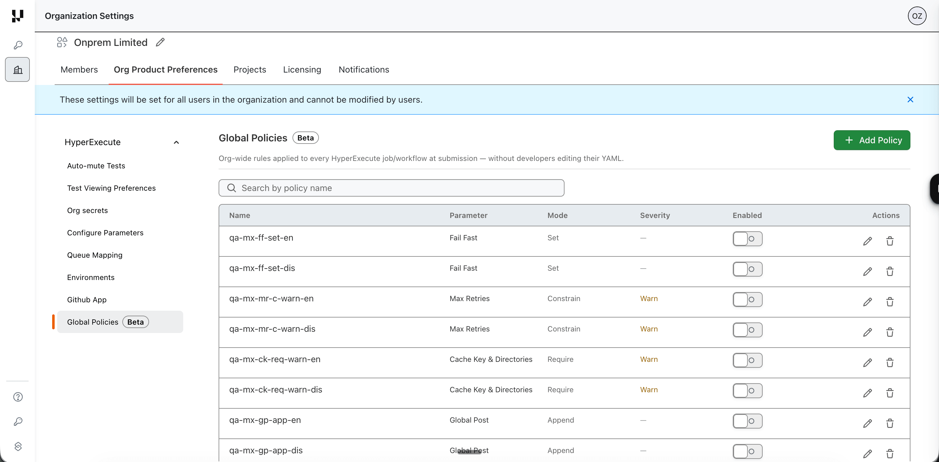 Global Policies dashboard listing existing policies with their parameter, mode, severity and enabled state