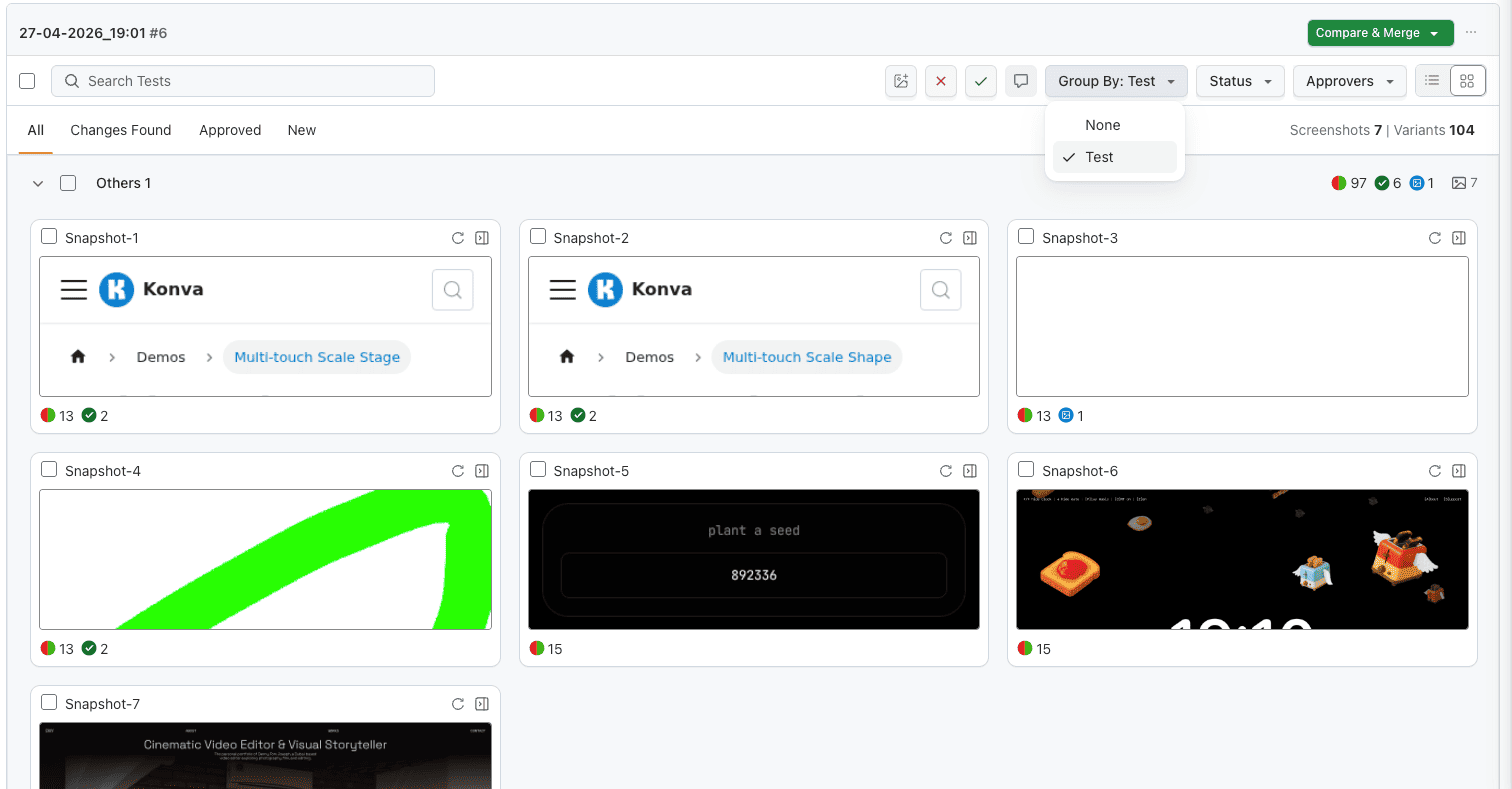 Group By dropdown with Test Case selected to organize screenshots by automation test