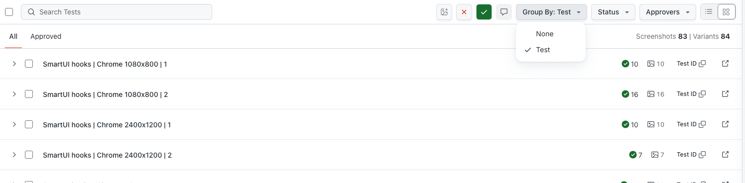 SmartUI build with screenshots in a flat list before applying Group By