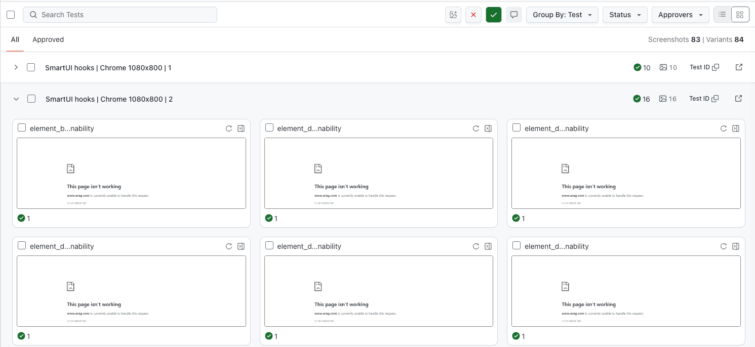 SmartUI build grouped by test case with screenshots shown in grid layout under each folder