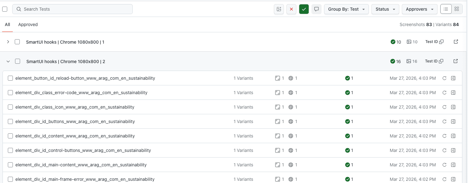 Grouped test case folders in list layout with expand and collapse controls visible