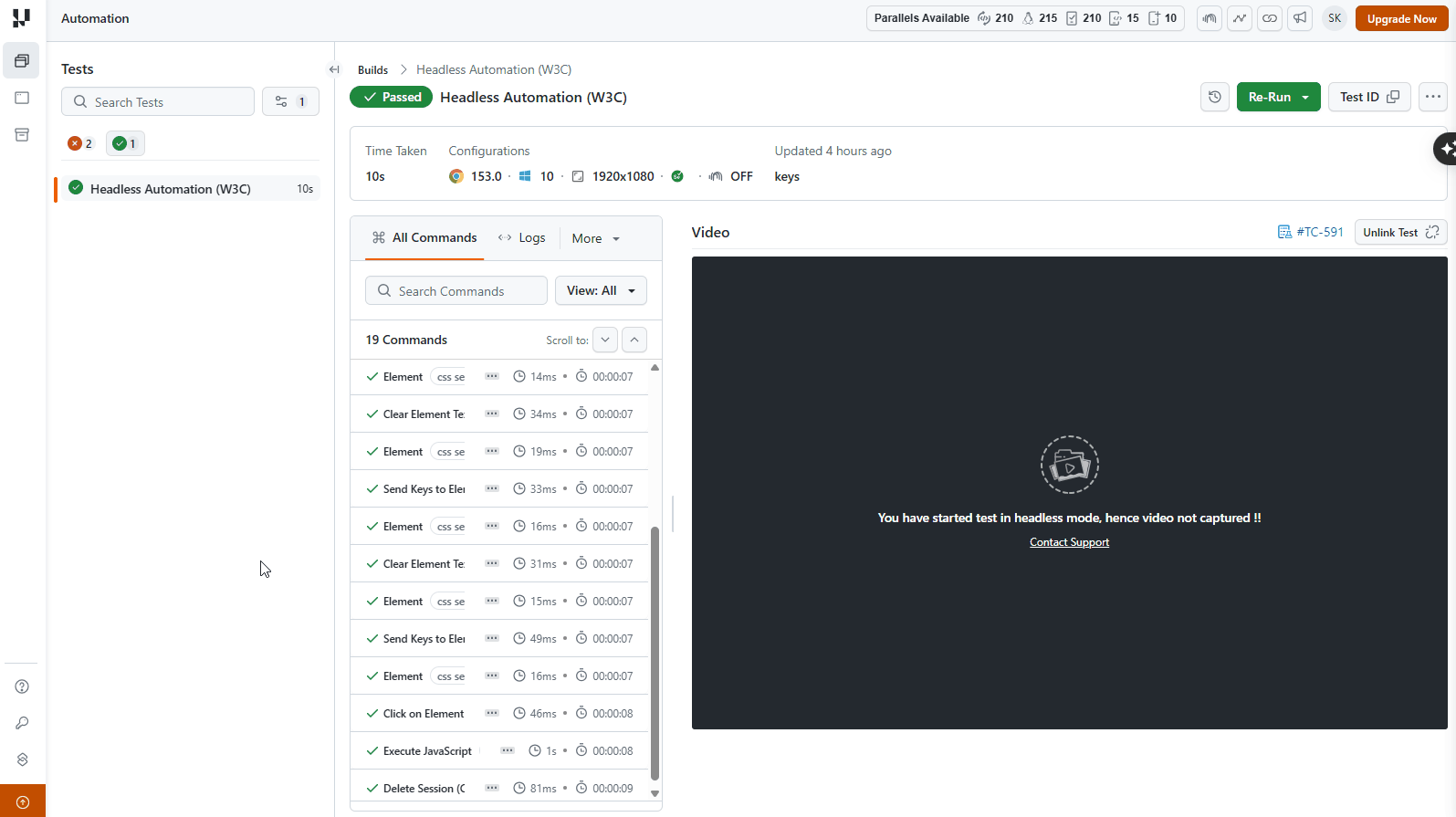 TestMu AI Automation dashboard showing a passed headless test, with video not captured in headless mode