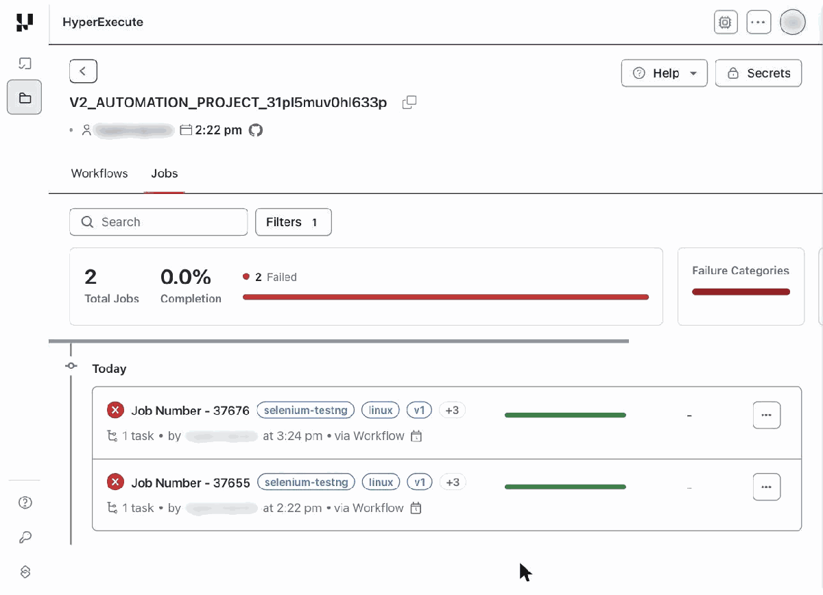 Jobs tab of a HyperExecute project showing the Total Jobs, Completion, job status and Failure Categories tiles above the job list