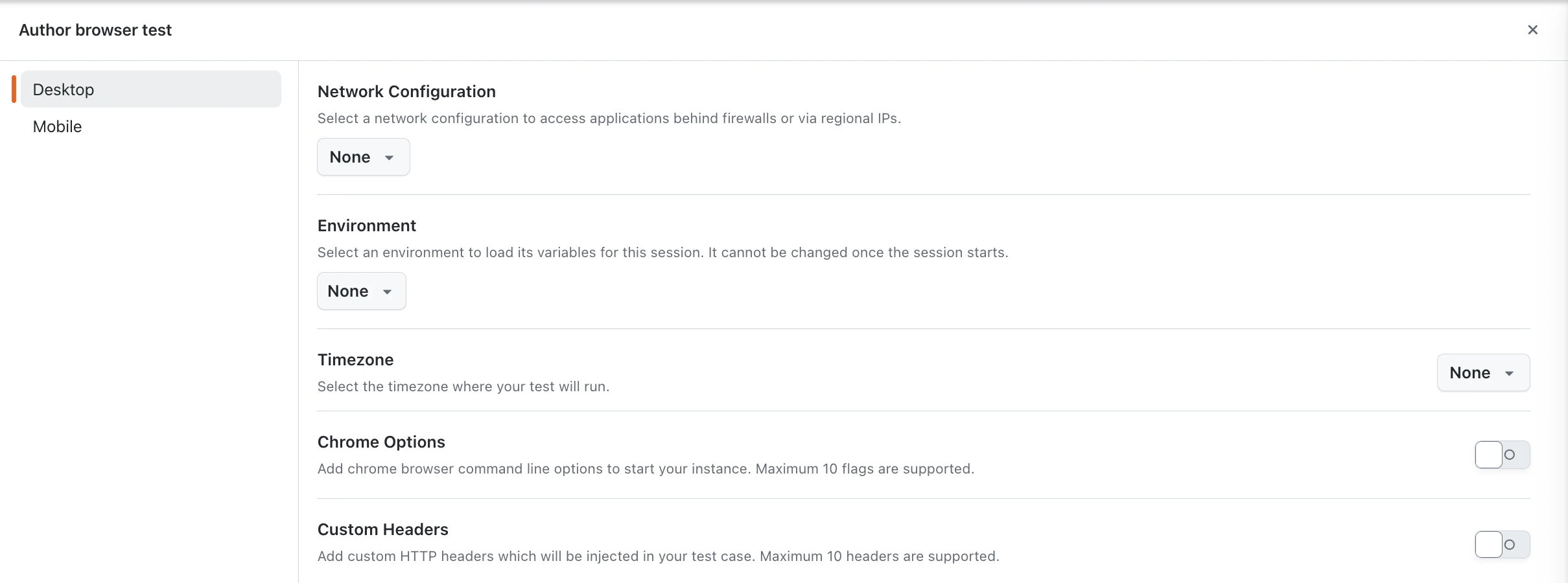 Author browser test panel with network, environment and browser settings