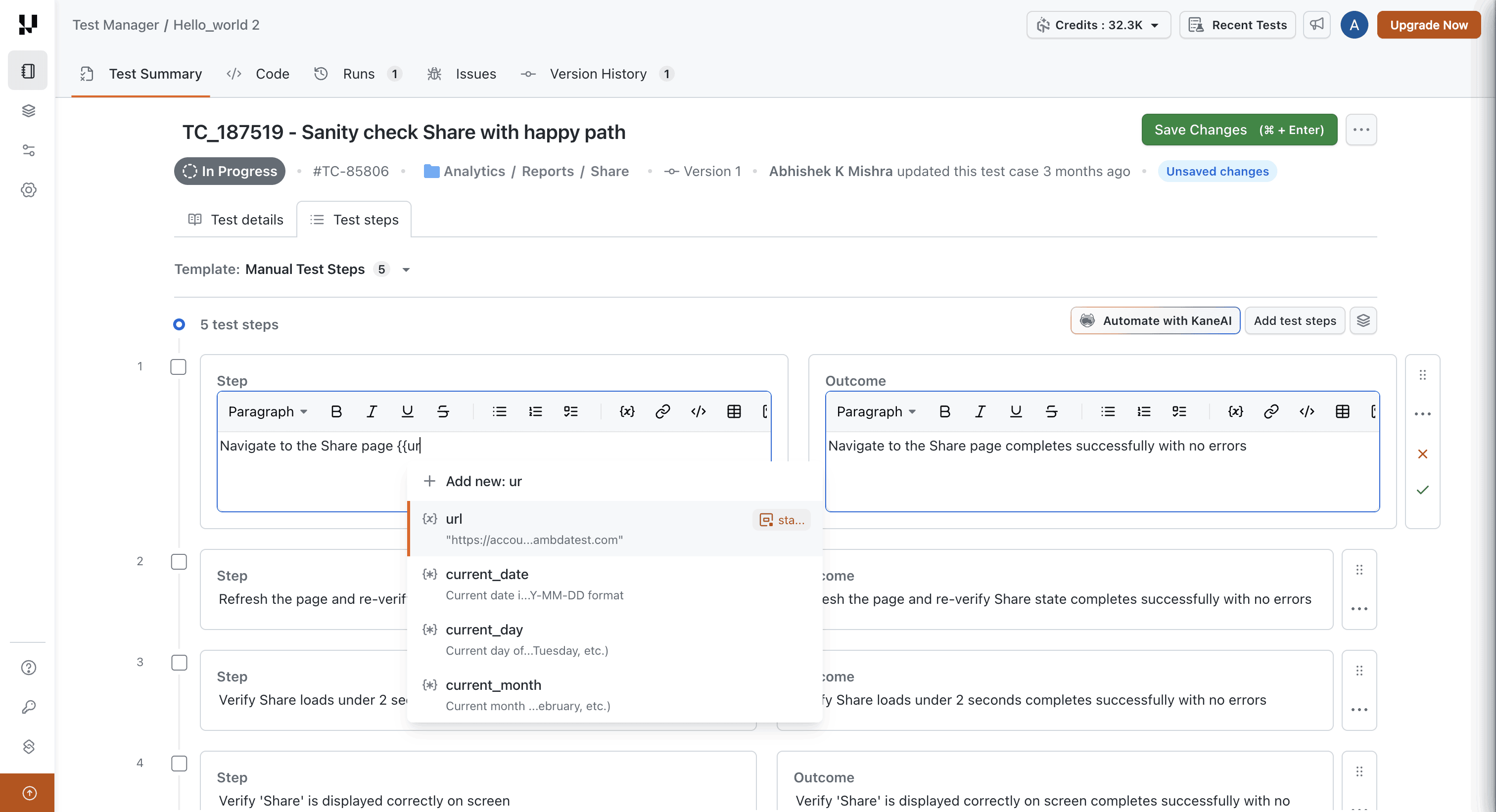 Suggestion list of variables and secrets in a manual test case step