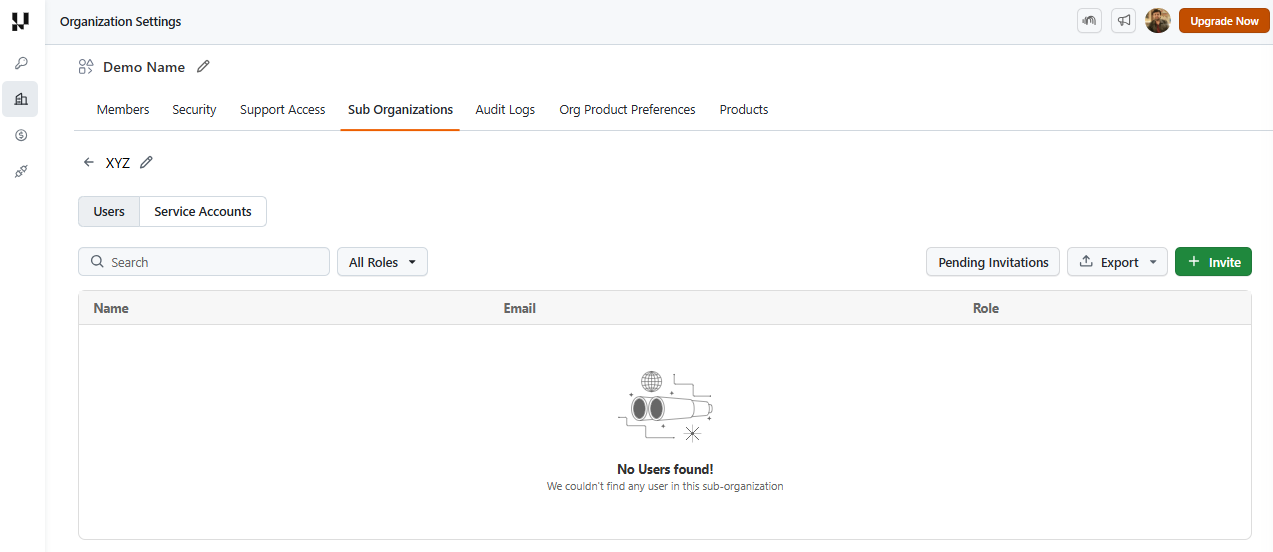 Invite user button in the Users tab