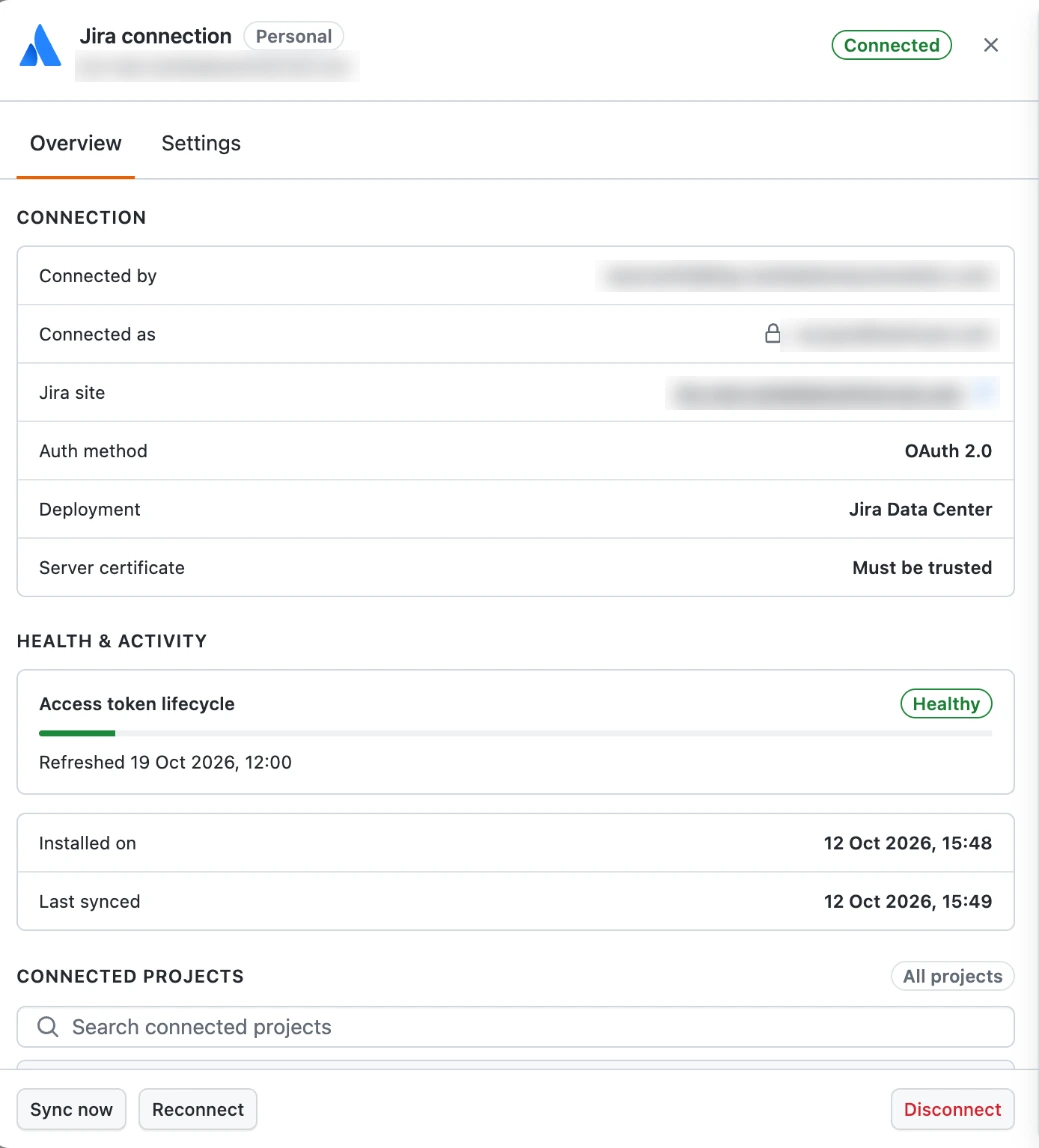 Jira Data Center OAuth 2.0 connection details