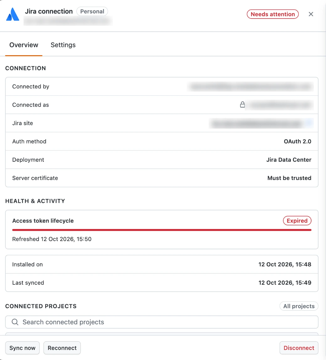 Expired Jira Data Center OAuth 2.0 connection