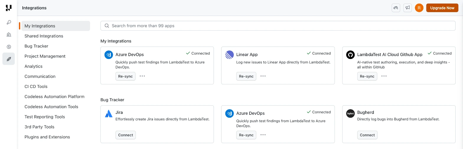 Jira card under Bug Tracker on the Integrations page