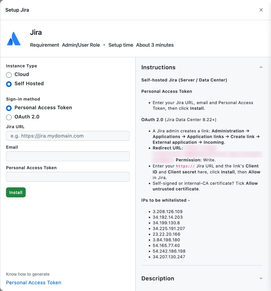 Setup Jira panel with Self Hosted selected
