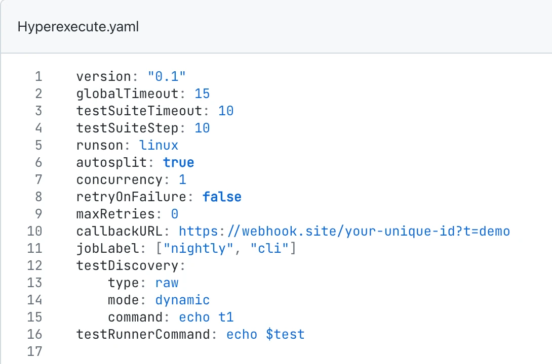 HyperExecute job YAML view showing the callbackURL flag