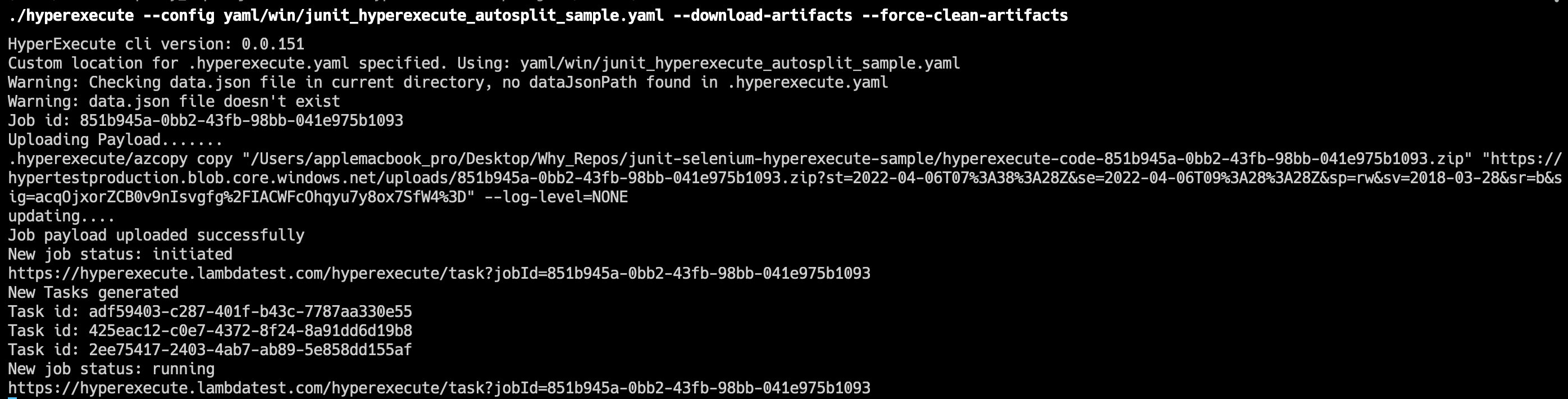 JUnit HyperExecute Terminal Logs