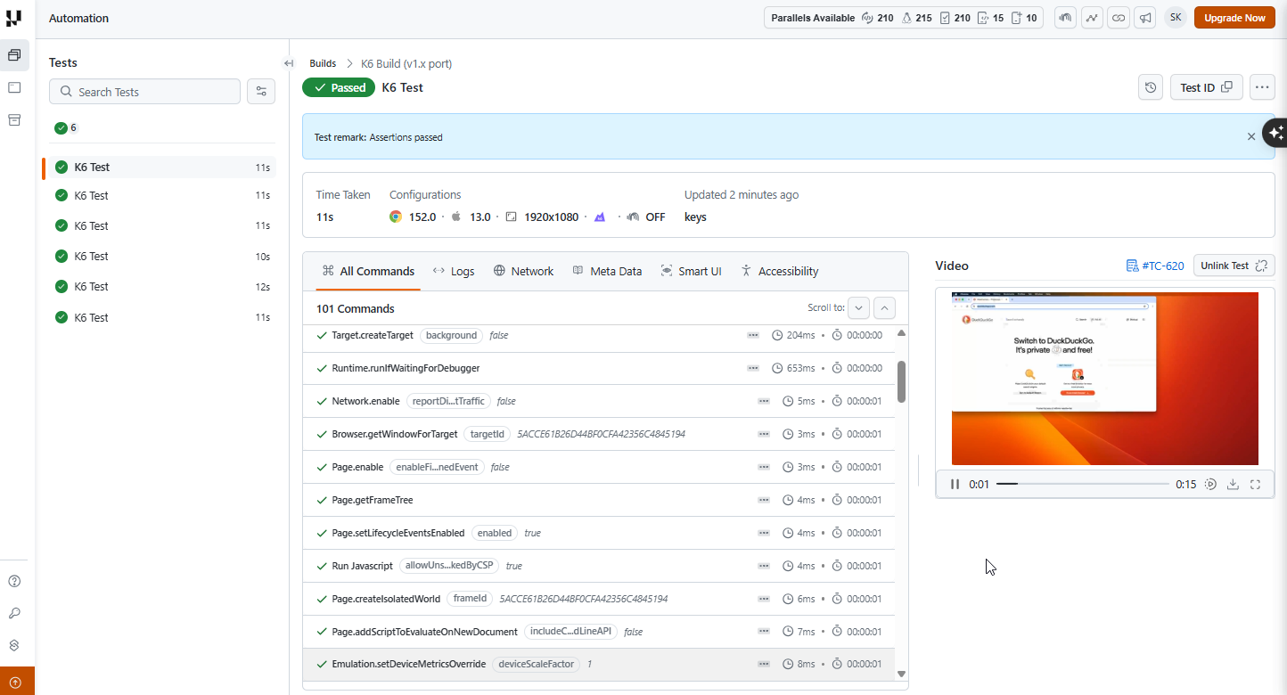 TestMu AI Automation dashboard showing a passed k6 test session with command logs and session video