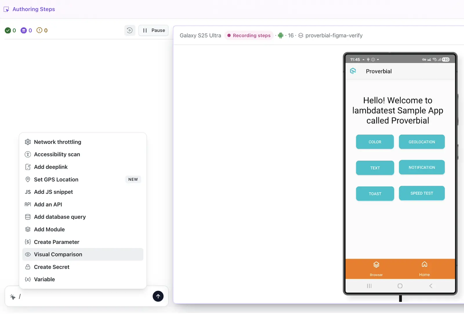 Adding a Visual Comparison step to a KaneAI app test and seeing it set the baseline