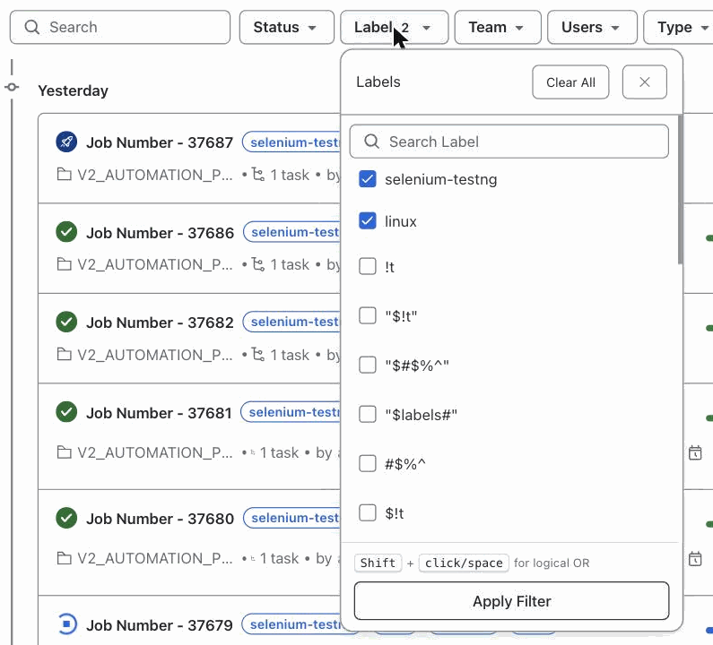 HyperExecute Jobs Labels dialog with two labels selected using a plain click, showing an AND filter