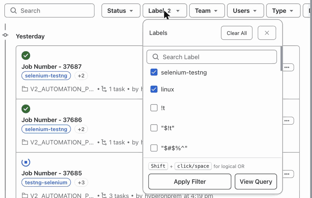 HyperExecute Jobs Labels dialog with two labels selected using Shift + click, showing an OR filter and the View Query button