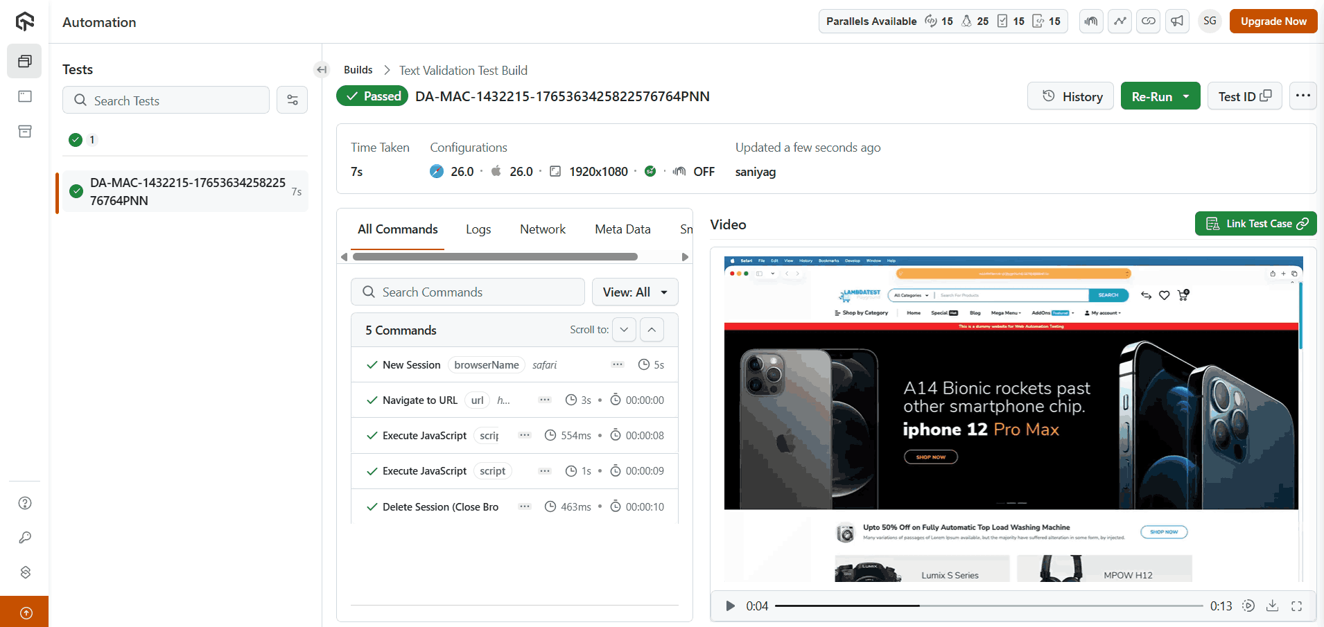 Lambdatest text validation result