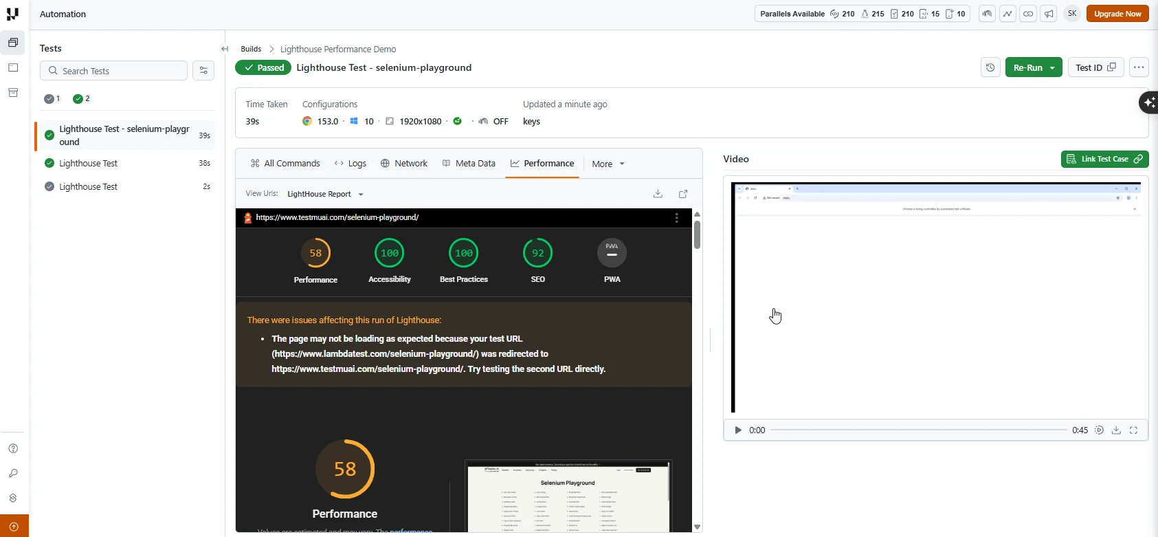 Lighthouse report on TestMu AI showing Performance 58, Accessibility 100, Best Practices 100, SEO 92, and PWA scores