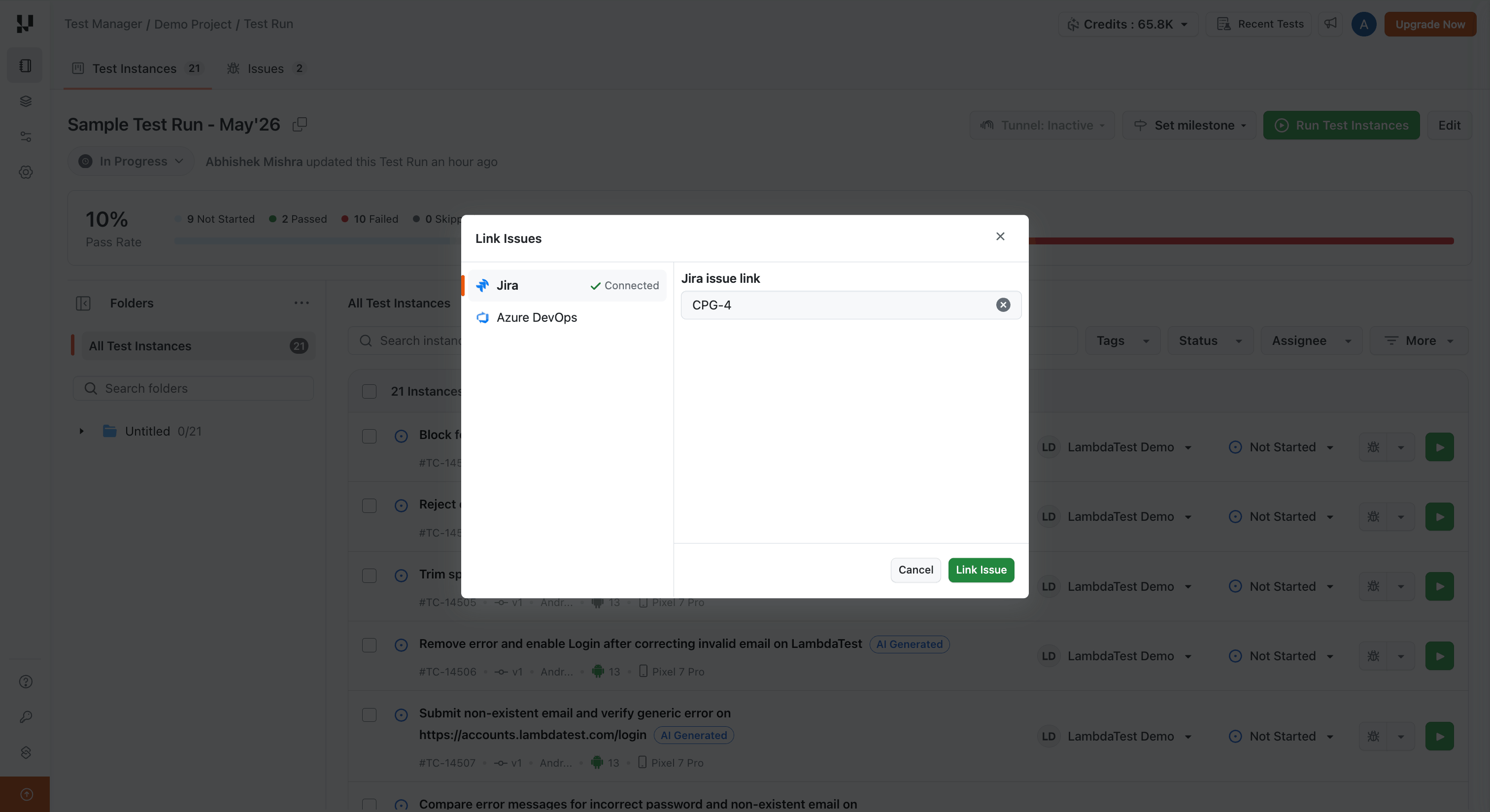 Link Issues dialog with tracker selector and issue key field