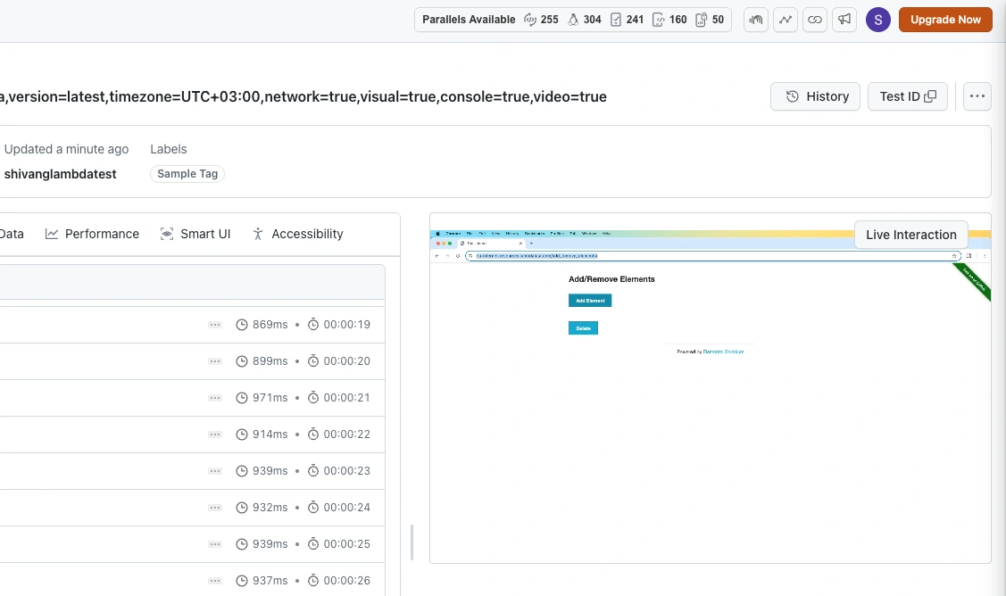 Test detail page with the Live Interaction button on the video panel