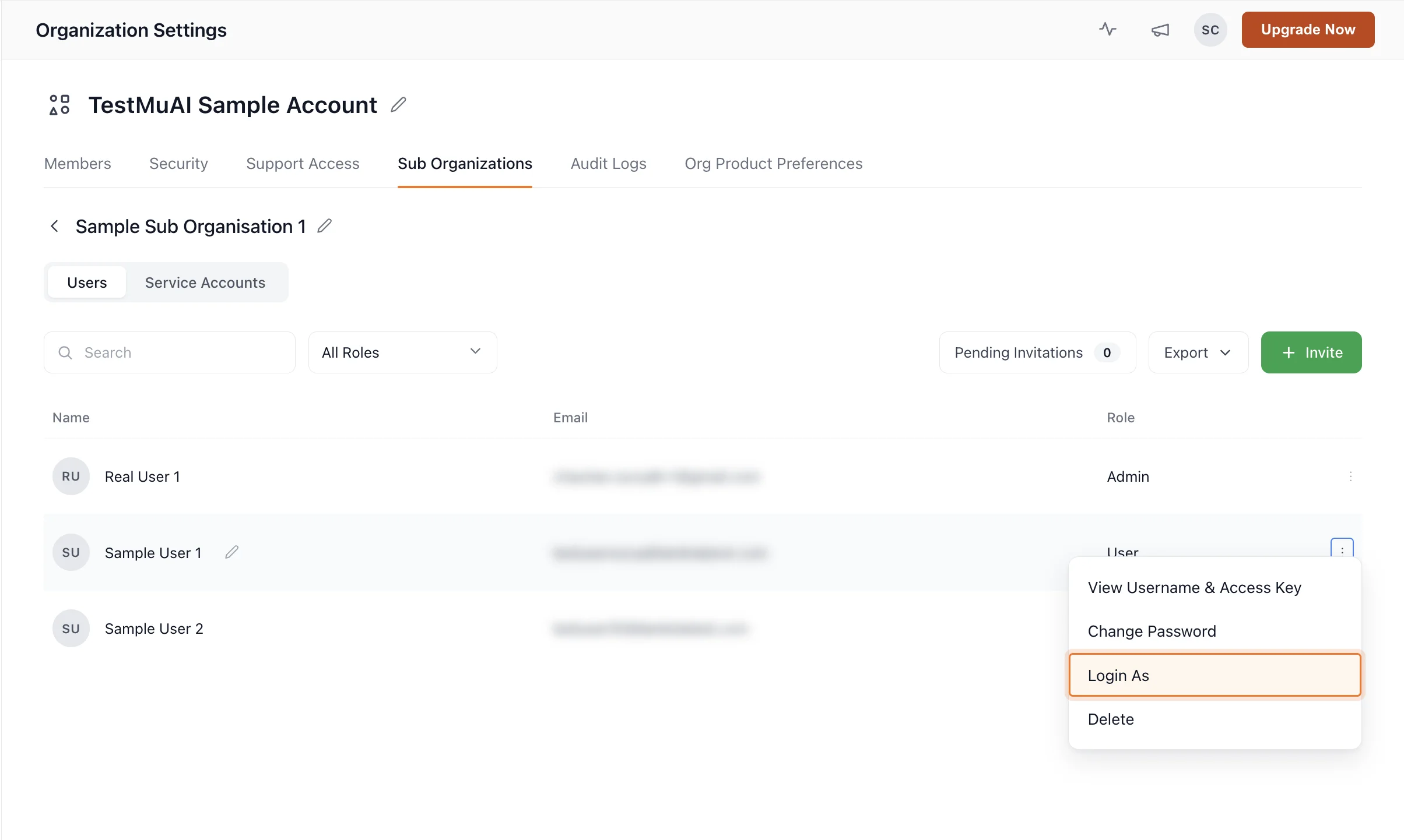 Login As option in the user actions menu