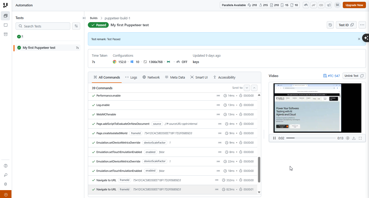 TestMu AI Automation dashboard showing a passed Puppeteer test session with command logs and session video