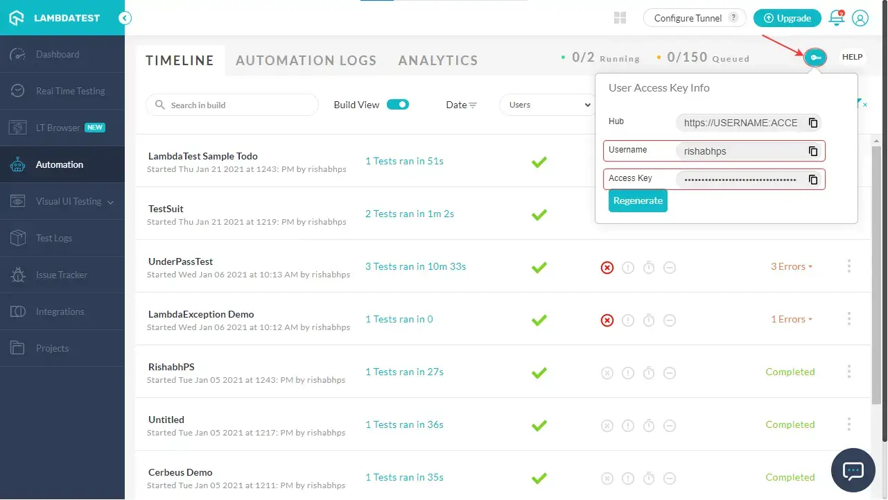 Finding Username and Access Key to Perform Automation Testing