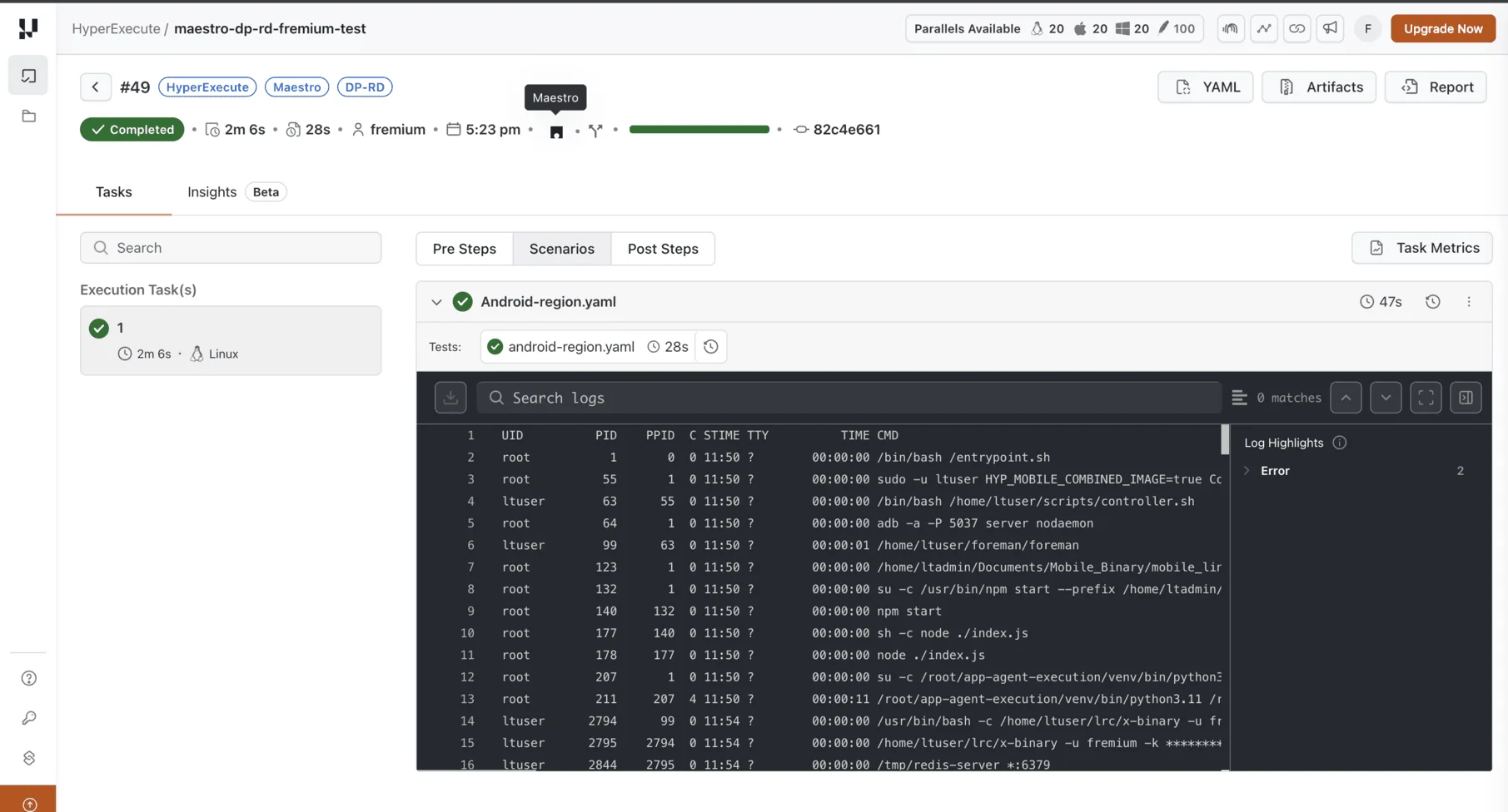 HyperExecute automation dashboard showing a completed Maestro run