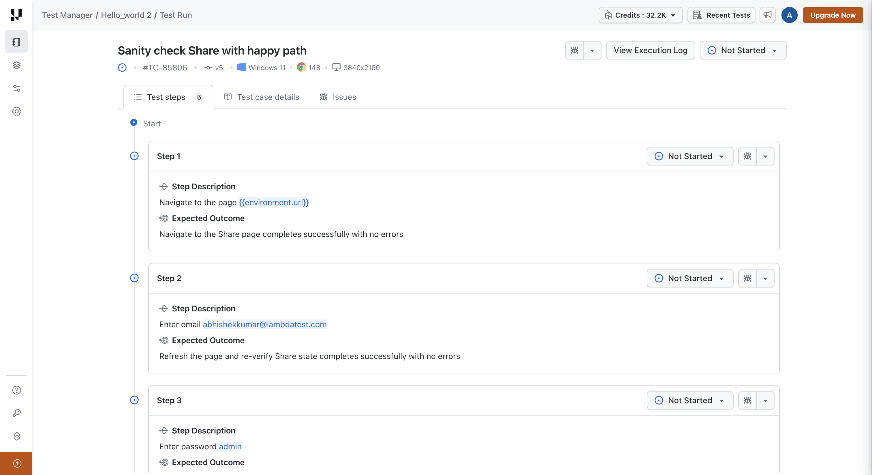 Manual test instance steps showing the values to use in place of references