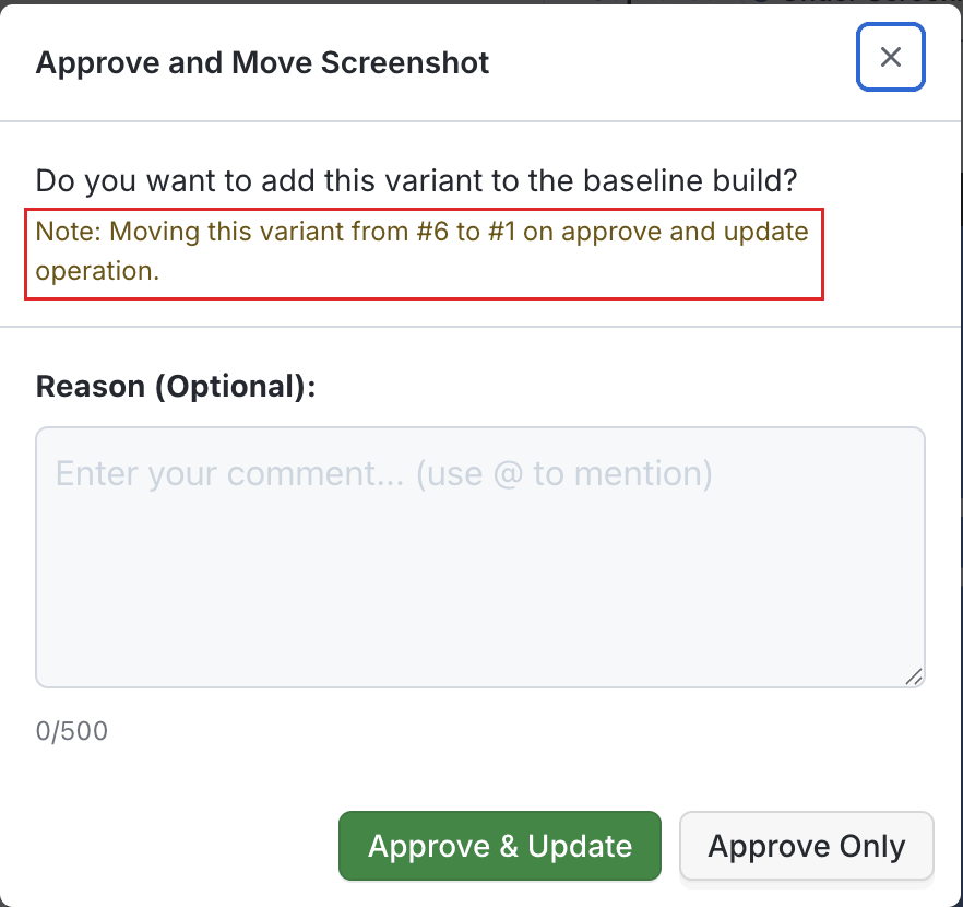 Approve and Move Screenshot dialog with the highlighted note naming the source build and the destination build