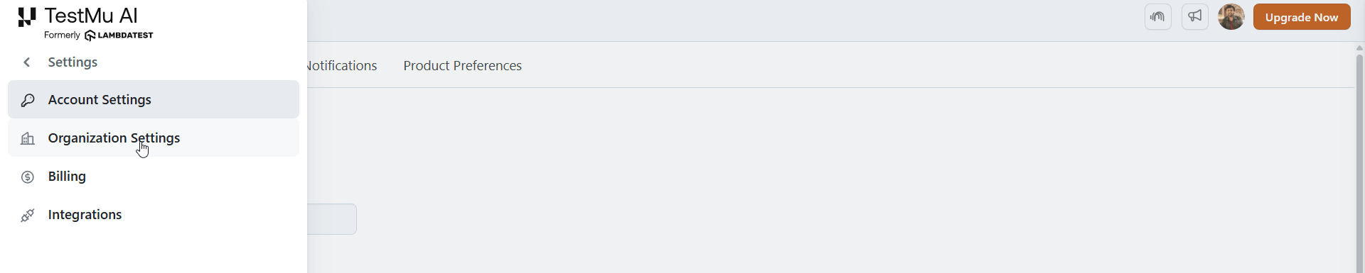 Selecting Organization Settings from the Settings menu