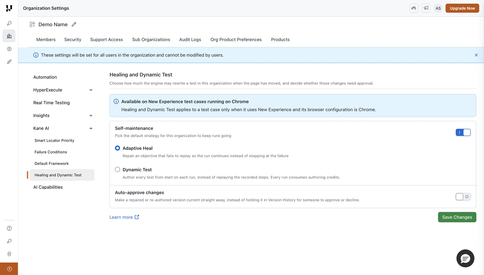 Healing and Dynamic Test in Organization Settings, with the strategy toggle, Adaptive Heal, Dynamic Test and Auto-approve changes