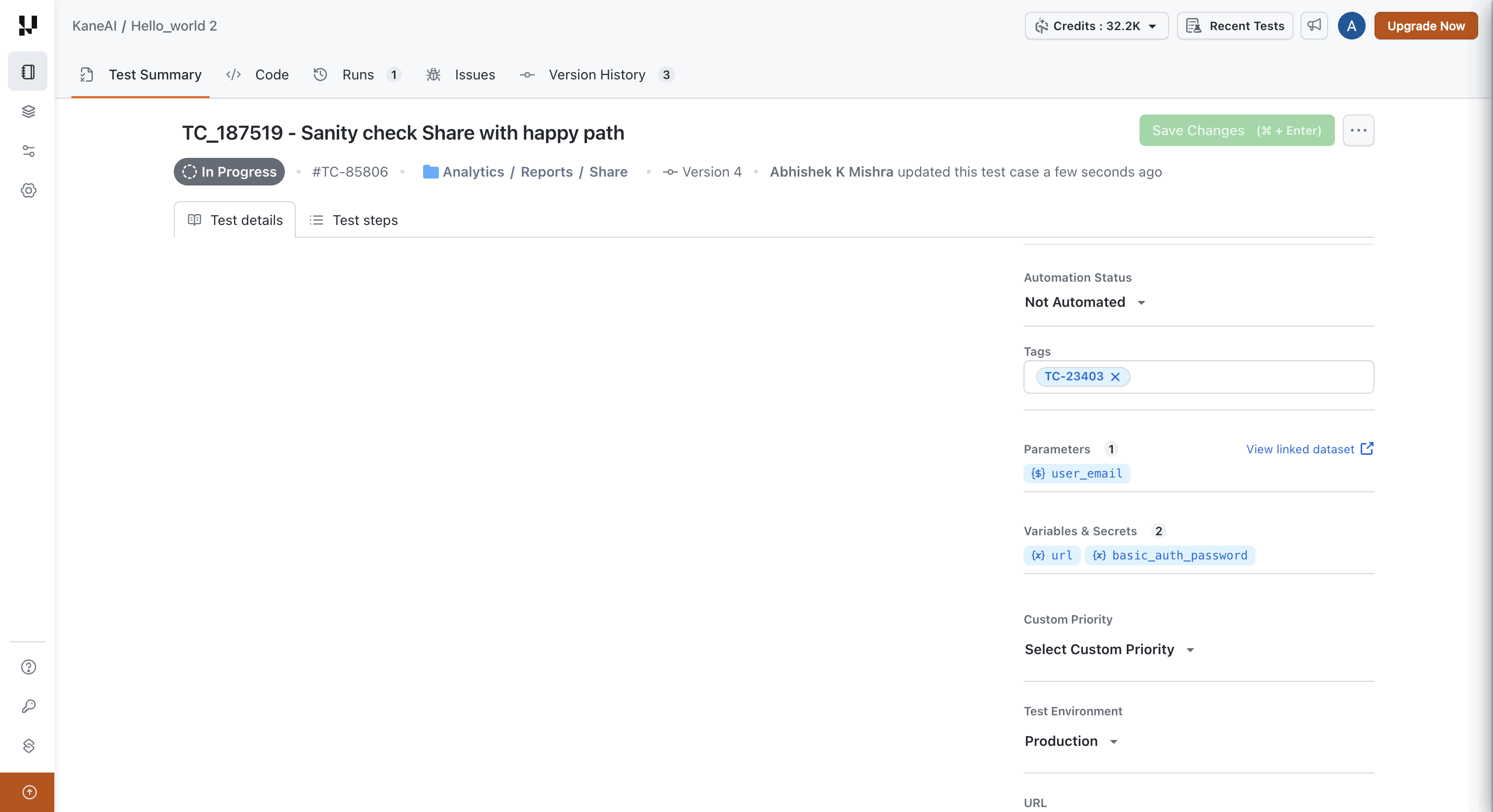 Test details tab of a manual test case listing the parameters, variables, and secrets it uses