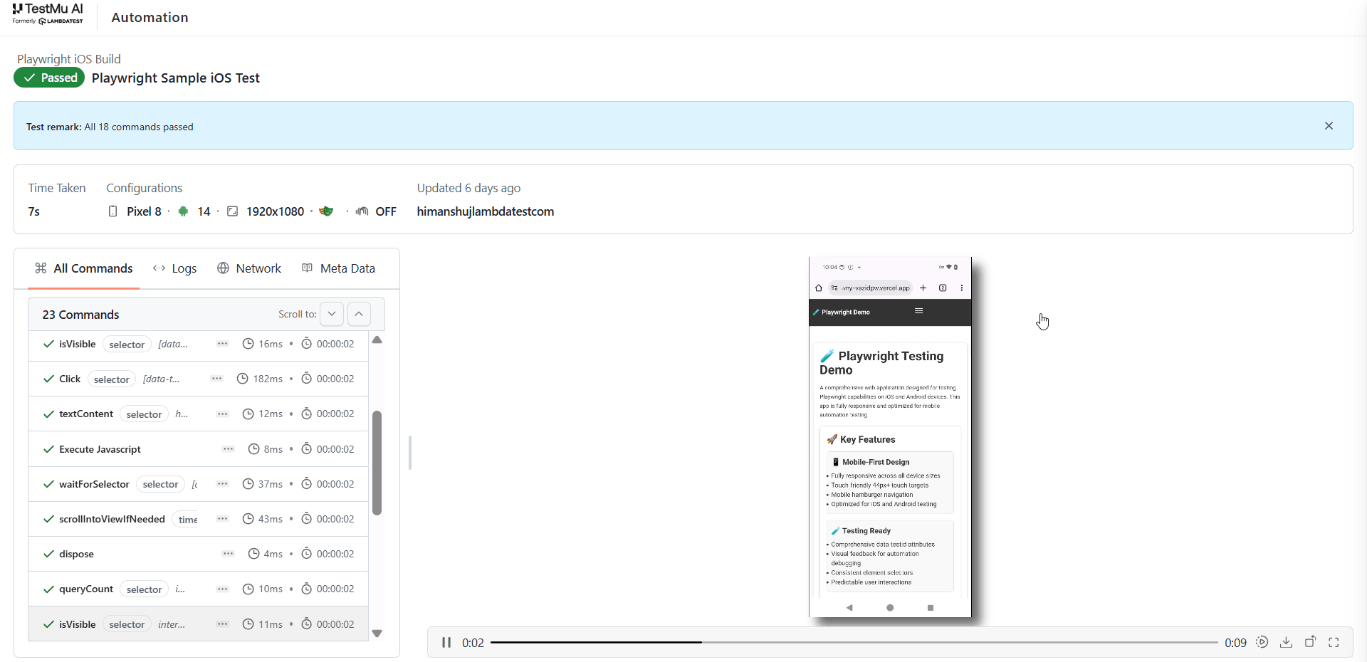 Playwright iOS build and session details on TestMu AI Automation Dashboard