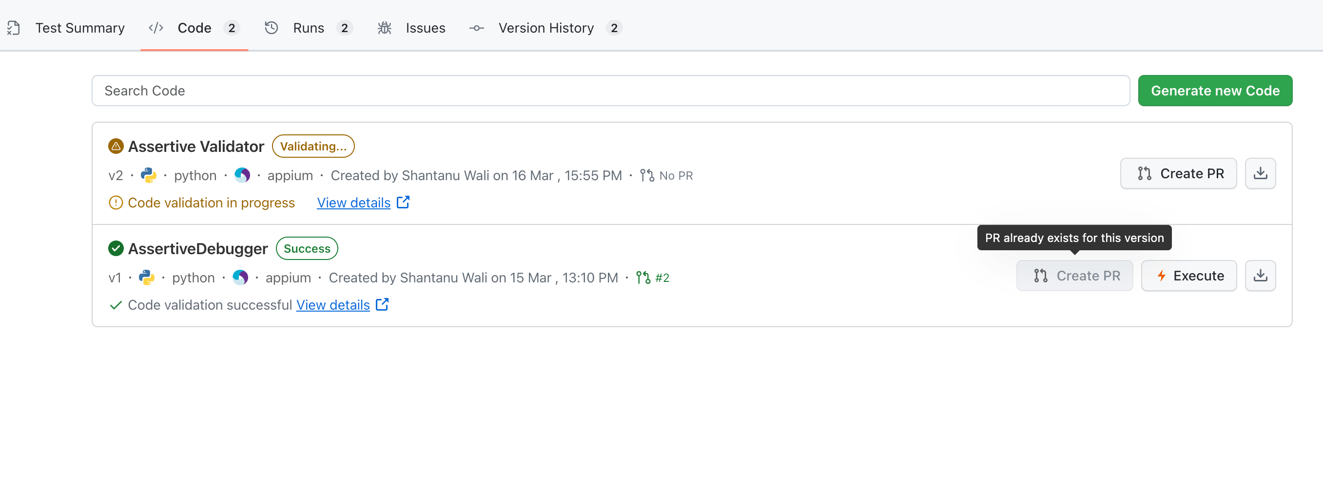 Code section showing Create PR button for new version and disabled state for version with existing PR
