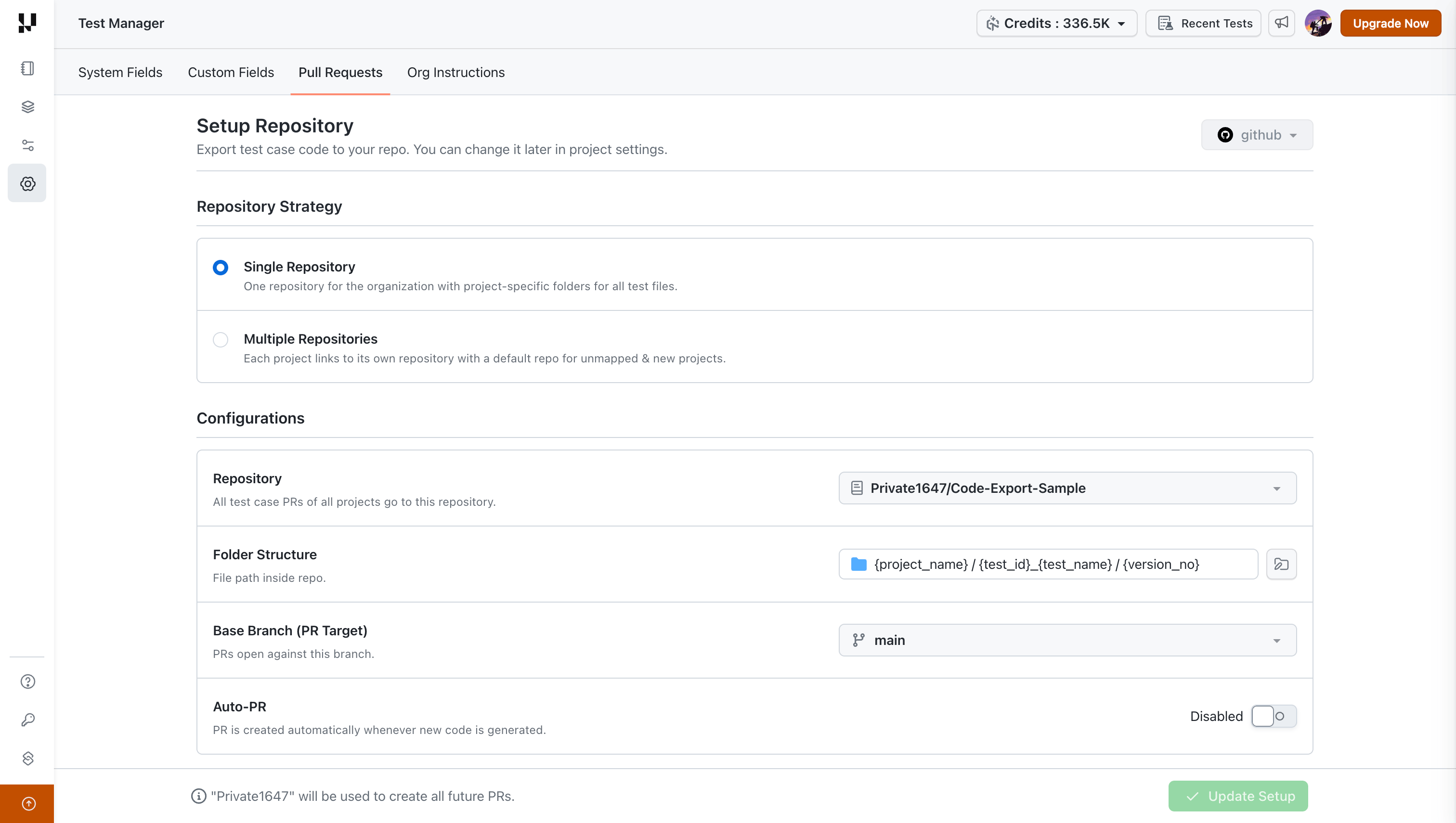 Pull Requests settings tab showing Single Repository configuration